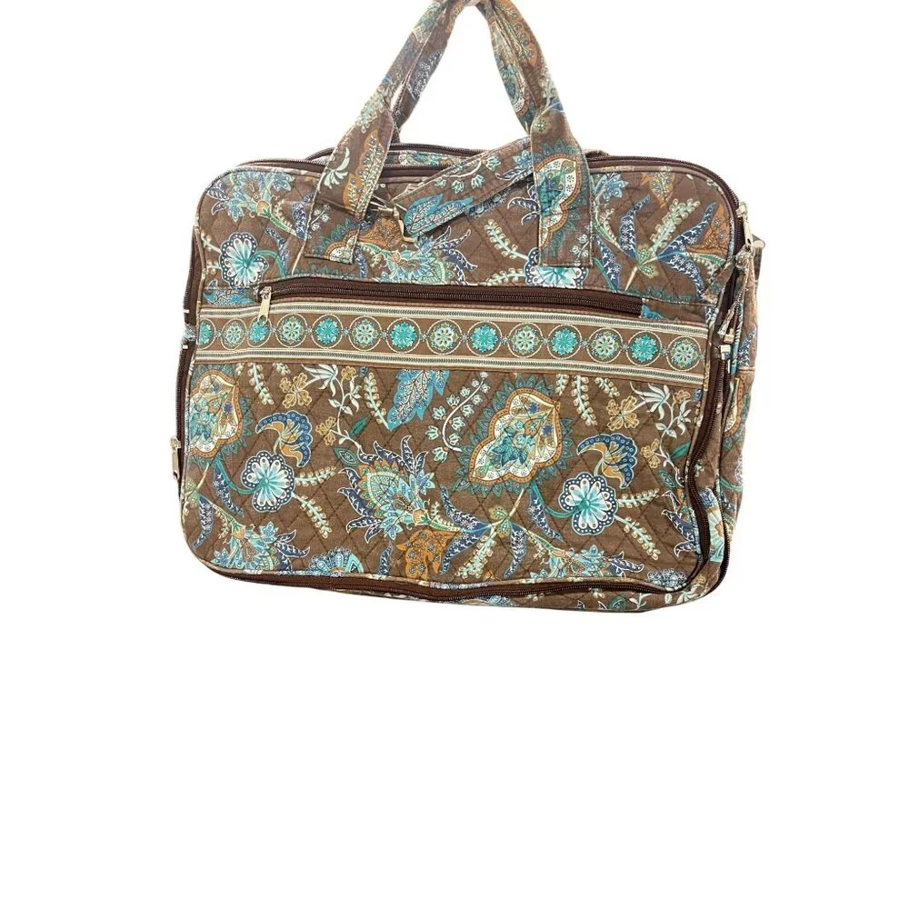 Vera Bradley Laptop Bag Paisley Quilted Travel Tote Brown & Blue With Adjustable